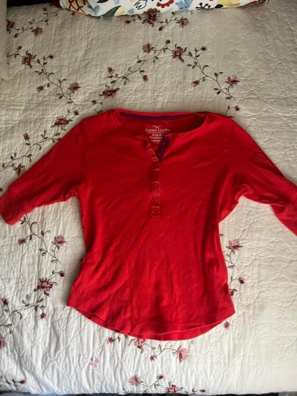 Faded Glory Red Waffle 3/4 Sleeve Henley Top - Picture 5 of 8
